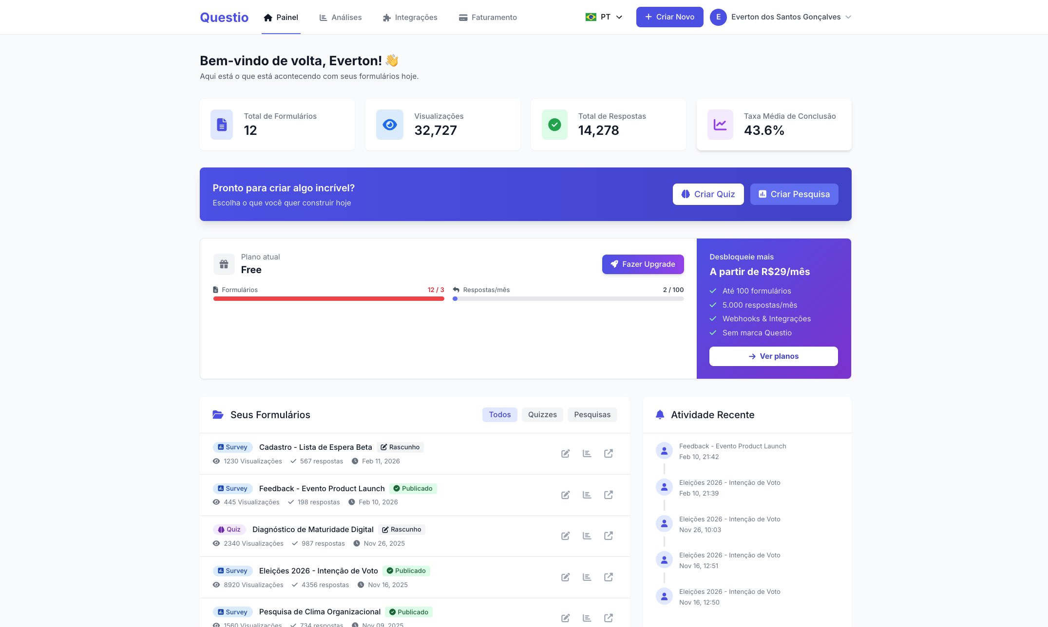 Questio Dashboard - Formulários, Quizzes e Pesquisas